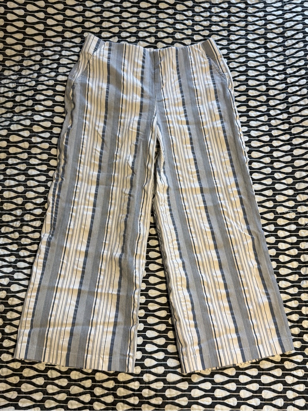Tribal Blue and Cream Vertical Stripe Wide-Leg Pants